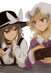 2girls blonde_hair braid brown_eyes brown_hair choker hat head_rest long_hair looking_at_another maribel_hearn mob_cap multiple_girls necro_(nekurodayo) red_eyes short_hair single_braid smile suspenders touhou upper_body usami_renko usb videocassette white_background