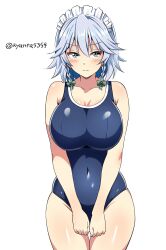 1girl alternate_costume blue_eyes blue_one-piece_swimsuit blush braid breasts collarbone competition_school_swimsuit covering_crotch covering_privates cowboy_shot embarrassed grey_hair highres izayoi_sakuya kyanta5354 large_breasts looking_at_viewer maid_headdress old_school_swimsuit one-piece_swimsuit school_swimsuit short_hair solo swimsuit touhou twin_braids twitter_username white_background