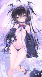 Rule 34 | 1girl, ahoge, bench, black choker, black hair, black panties, black sleeves, blush, bow, bowtie, chain, choker, closed mouth, commentary, crossed bangs, detached sleeves, foot up, glasses, hair between eyes, hair ribbon, head wings, highres, horns, long bangs, long hair, long sleeves, looking at viewer, looking over eyewear, mini wings, nail polish, navel, ocean, okomeillust, original, panties, pointy ears, pubic tattoo, purple eyes, purple horns, purple nails, purple ribbon, purple theme, revealing clothes, ribbon, semi-rimless eyewear, side-tie panties, single ankle cuff, solo, standing, stomach, striped bow, striped bowtie, striped clothes, sweatdrop, symbol-only commentary, tattoo, two side up, under-rim eyewear, underwear, water, waves, wings, yellow-framed eyewear