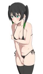 arm_under_breasts bikini black_bikini black_hair black_thighhighs breasts collarbone cowboy_shot embarrassed goa1126 gradient_hair green_eyes green_hair highres long_hair looking_to_the_side love_live! love_live!_nijigasaki_high_school_idol_club medium_breasts micro_bikini multicolored_hair navel side-tie_bikini_bottom simple_background swimsuit takasaki_yu thighhighs twintails white_background