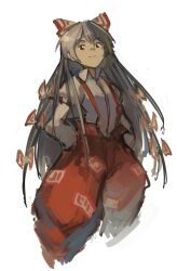 1girl absurdres fujiwara_no_mokou hair_ribbon highres kornod long_hair overalls pants red_overalls red_pants ribbon shirt solo touhou very_long_hair white_background white_shirt