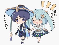 1boy 1girl anklet aqua_cape aqua_dress aqua_hair aqua_sleeves armor armpit_cutout arms_at_sides arrow_print belt black_belt black_bodysuit black_bow black_bridal_gauntlets black_leggings black_sandals black_shorts blue_cape blue_gemstone blue_hat blue_kimono blue_sleeves blush bodysuit bow bracelet bridal_gauntlets cape chibi closed_eyes clothing_cutout dress eyelashes eyeliner eyeshadow facing_another faruzan_(genshin_impact) feathers full_body furisode gem genshin_impact gold hair_ornament hakama hakama_shorts hat hetero highres holding_hands japanese_armor japanese_clothes jewelry jingasa jitome juban kimono kote kurokote layered_sleeves leg_warmers leggings long_hair looking_at_another makeup mid-stride momoemokoko22 notice_lines open_clothes open_kimono open_mouth parted_bangs pleated_shorts pom_pom_(clothes) purple_eyes purple_hair purple_sash red_eyeliner red_eyeshadow sandals sash scaramouche_(genshin_impact) short_sleeves shorts shoulder_cutout sidelocks skirt_cutout translation_request triangle_mouth twintails walking wanderer_(genshin_impact) white_background white_kimono white_leg_warmers white_sleeves wispy_bangs x_hair_ornament yellow_feathers zouri
