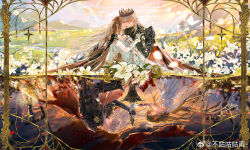 1boy 1girl absurdres armor arrow_(projectile) bare_shoulders black_crown black_gloves black_jacket black_pants black_sleeves blonde_hair blood blood_on_clothes blood_on_flower blood_on_gloves blue_eyes brown_hair bu_gu_gu_gu_yu buttons cape chain closed_eyes closed_mouth cloud cowboy_shot crown double-breasted dress earrings elbow_gloves falling_petals field_of_blades floating_hair flower from_side gloves greatsword greaves hair_between_eyes hand_on_another&#039;s_shoulder hetero highres holding holding_arrow holding_hands holding_sword holding_weapon interlocked_fingers jacket jewelry light_rays long_hair long_sleeves looking_at_another love_and_deepspace meadow mountainous_horizon on_ground on_one_knee outdoors pants parted_lips pauldrons petals profile protagonist_(love_and_deepspace) red_cape river shoulder_armor sitting sky split_screen strapless strapless_dress sunbeam sunlight sword tree twilight watermark weapon weibo_watermark white_dress white_flower white_gloves white_petals wind xavier_(love_and_deepspace)