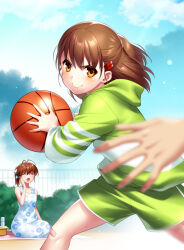 Rule 34 | &gt;:), aged up, antenna hair, ball, bandaid, bandaid on knee, bandaid on leg, basketball, blue dress, blue sky, blurry, blush, brown eyes, brown hair, cheering, clannad, closed mouth, cloud, commentary request, cowboy shot, day, depth of field, dress, eyes visible through hair, fence, floating hair, furukawa nagisa, green hoodie, green shorts, hair between eyes, hair ornament, hair ribbon, hairclip, half updo, hand up, holding, holding ball, hood, hoodie, long sleeves, looking at viewer, medium hair, mother and daughter, motion blur, okazaki ushio, outdoors, ponytail, ribbon, shorts, sitting, sky, smile, smug, standing, v-shaped eyebrows, white ribbon, wide sleeves, zen (kamuro)