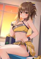 1girl 3: bare_arms bare_shoulders black_choker blush bow breasts brown_eyes brown_hair cheerleader choker cleavage closed_mouth clothes_lift commentary_request copyright_request criss-cross_halter crop_top embarrassed hair_bow halterneck hand_up highres indoors komori_kuzuyu lifting_own_clothes long_hair looking_at_viewer medium_breasts midriff miniskirt navel original pleated_skirt pom_pom_(cheerleading) ponytail pulling_own_clothes shirt sitting skirt skirt_lift sleeveless sleeveless_shirt solo stomach strap_pull sweatband thighs yellow_shirt yellow_skirt