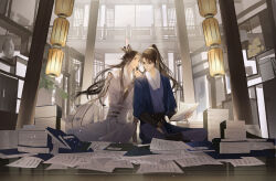 Rule 34 | 2boys, absurdres, arm support, blue eyes, blue hanfu, book, book stack, bookshelf, brown hair, brown sash, cheng qian, chinese clothes, chinese commentary, closed eyes, closed mouth, door, facial mark, forehead mark, full body, hair ribbon, half updo, hanfu, highres, holding, holding hands, holding paper, indoors, lantern, light particles, liu yao, long hair, looking at another, male focus, mingtiantian, multiple boys, on floor, paper, reflective floor, ribbon, sash, scroll, sitting, smile, tassel, topknot, white hanfu, white ribbon, white sash, xiao guan (headdress), yan zhengming, yaoi