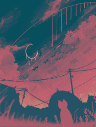 Rule 34 | cat, cloud, cloudy sky, commentary request, crescent moon, ele artworks, grass, highres, moon, no humans, original, outdoors, pink sky, power lines, scenery, signature, silhouette, sky, utility pole