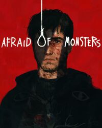 1boy :| absurdres afraid_of_monsters black_hair black_hoodie blood blood_on_face bloodshot_eyes branch closed_mouth david_leatherhoff english_text eye_print facial_hair goatee highres hood hood_down hoodie horizontal_spotlight messy_hair neo_jpeg noose partially_shaded_face red_background scar scar_on_face short_hair solo turtleneck upper_body