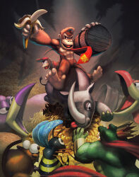 4boys 4others animal back banana barrel bee bird black_eyes brown_fur bug cape cave colored_skin crown dasgnomo diddy_kong donkey_kong donkey_kong_(series) donkey_kong_country feet food fruit green_skin hat highres horns insect looking_down looking_up mole multiple_boys multiple_others necktie nintendo open_mouth rambi rareware rhinoceros riding soles wings
