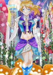 Rule 34 | 1girl, absurdres, anchor hair ornament, aqua skirt, aqua vest, artist name, artist request, ayase eli, back bow, bare legs, bare shoulders, belt, belt buckle, blonde hair, blue belt, blue eyes, blush, bow, breasts, buckle, city, city lights, clothing cutout, cloud, collared shirt, dancing stars on me!, dress shirt, elbow gloves, female focus, floating hair, frilled skirt, frills, full moon, gloves, hair between eyes, hair bow, hair ornament, hair scrunchie, high ponytail, highres, layered skirt, long hair, looking at viewer, love live!, love live! school idol festival, love live! school idol project, miniskirt, moon, navel, navel cutout, night, night sky, outdoors, parted lips, plaid clothes, plaid skirt, pleated, pleated skirt, ponytail, pumpkin, purple bow, scrunchie, shirt, short hair, skirt, sky, small breasts, smile, solo, v-shaped eyebrows, white bow, white gloves, white scrunchie, white shirt, white skirt