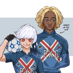 Rule 34 | 2boys, ball, blonde hair, blue lock, blue shirt, brown eyes, chapa (blue lock), charles chevalier, closed mouth, dark-skinned male, dark skin, dreadlocks, fang, fang out, hand up, highres, lalamelonflora, long hair, long sleeves, looking at viewer, looking to the side, multiple boys, red eyes, serious, shirt, simple background, smile, soccer ball, soccer uniform, sportswear, white background, white hair