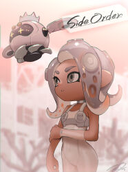 1girl agent_8_(splatoon) bare_shoulders blurry blurry_background bodysuit brown_eyes brown_hair choker clenched_teeth commentary_request copyright_name covered_navel dark-skinned_female dark_skin detached_sleeves drone grey_choker grey_hair hand_on_own_arm highres medium_hair multicolored_hair nintendo non-humanoid_robot octoling octoling_girl octoling_player_character parted_bangs pearl_(splatoon) pearl_drone_(splatoon) puchiman robot see-through_clothes see-through_sleeves signature single_detached_sleeve sleeveless sleeveless_bodysuit splatoon_(series) splatoon_3 splatoon_3:_side_order suction_cups teeth tentacle_hair two-tone_hair white_bodysuit