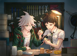 2boys :d ahoge brown_hair coat collarbone collared_shirt danganronpa_(series) danganronpa_2:_goodbye_despair green_coat green_eyes hair_between_eyes heterochromia highres hinata_hajime holding hood hood_down hooded_coat indoors komaeda_nagito lamp lap light_particles male_focus multiple_boys open_clothes open_coat open_mouth prosthesis prosthetic_hand red_eyes repairing shirt short_hair short_sleeves silver_hair smile spiked_hair spoilers white_shirt wing_collar yellow_eyes zhuo_ying