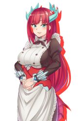apron blue_eyes blush breasts chef dragon_girl dragon_horns dragon_tail dragon_wings dress duel_monster frilled_apron frills garukichi hands_on_own_stomach highres horns kitchen_dragonmaid large_breasts long_hair long_sleeves looking_at_viewer maid_apron open_mouth puffy_long_sleeves puffy_sleeves red_hair simple_background smile solo tail white_apron white_background wings yu-gi-oh!