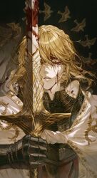 1girl absurdres armor armor_under_clothes blonde_hair blood blood_on_face bloody_weapon braid braided_bun cloak crown_braid elden_ring elden_ring:_shadow_of_the_erdtree gauntlets hair_bun highres holding holding_sword holding_weapon knight looking_at_viewer needle_knight_leda ornate ornate_armor rakita short_hair solo sword weapon white_cloak yellow_eyes