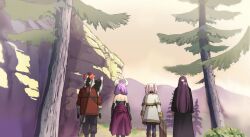 1boy 3girls aura_(sousou_no_frieren) black_coat black_corset black_hair black_pants black_sleeves butterfly_hair_ornament capelet coat corset demon_girl demon_horns detached_sleeves dress facing_away fern_(sousou_no_frieren) frieren grey_hair hair_ornament halberd highres holding holding_suitcase horns jacket long_hair long_sleeves multicolored_hair multiple_girls outdoors pants pink_hair polearm purple_hair red_hair red_jacket roots_(hair) short_hair sousou_no_frieren stark_(sousou_no_frieren) straight_hair suitcase tree twintails very_long_hair weapon white_capelet white_dress zft
