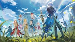 3boys 6+girls abs absurdres aglaea_(honkai:_star_rail) anaxa_(honkai:_star_rail) animal_ears antenna_hair aqua_eyes aqua_hair arm_tattoo armlet armor armored_boots black_boots black_coat black_pants black_shirt blonde_hair blue_cape blue_eyes blue_sky boots braid cape castorice_(honkai:_star_rail) cat_ears cat_girl cat_tail chest_tattoo chrysos_heirs_(honkai:_star_rail) cipher_(honkai:_star_rail) coat commentary_request dress eyepatch facial_tattoo flower gradient_hair grass hair_between_eyes hair_flower hair_ornament hat highres holding holding_sword holding_weapon honkai:_star_rail honkai_(series) hood hood_up hyacine_(honkai:_star_rail) jewelry kanangnsn knee_boots laurel_crown long_hair medium_hair multicolored_hair multiple_boys multiple_girls mydei_(honkai:_star_rail) open_clothes open_coat pants pauldrons phainon_(honkai:_star_rail) pink_hair purple_eyes purple_hair red_hair red_hat red_tattoo shirt short_hair shoulder_armor side_braid side_cape single_pauldron sky sword tail tattoo tiara toned toned_male trianne_(honkai:_star_rail) tribbie_(honkai:_star_rail) trinnon_(honkai:_star_rail) weapon white_coat white_dress white_hair yellow_eyes