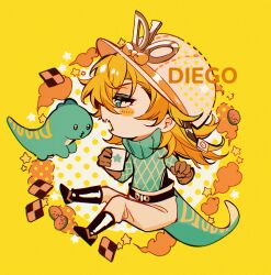 1boy argyle_clothes argyle_sweater belt black_belt black_boots blonde_hair blush boots brown_gloves cabbage-2012 character_name chibi chibi_only chromatic_aberration cloud collared_sweater cup diego_brando dinosaur dinosaur_tail film_grain from_side full_body gloves green_eyes green_sweater hair_between_eyes halftone hat highres holding holding_cup invisible_chair jojo_no_kimyou_na_bouken male_focus messy_hair open_mouth pants sidelocks sitting solo star_(symbol) steel_ball_run sweater tail yellow_background yellow_theme