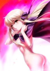 10s 1girl :o ass blonde_hair blue_gemstone blush breasts brooch brown_eyes cape cowboy_shot female_focus floating_hair from_side gem hair_censor hair_ribbon jewelry long_hair looking_at_viewer looking_to_the_side naked_cape parted_lips pink_background purple_ribbon rewrite ribbon senri_akane sideboob sidelocks simple_background small_breasts solo standing tareme very_long_hair wind wind_lift zen