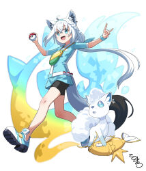 1girl ahoge alolan_form alolan_vulpix alternate_color alternate_costume animal_ears aqua_eyes black_shorts blue_shirt fox_ears fox_girl fox_shadow_puppet fox_tail gen_1_pokemon gen_7_pokemon highres holding holding_poke_ball hololive long_hair looking_at_viewer magikarp nintendo open_mouth poke_ball poke_ball_(basic) pokemon pokemon_(creature) ponytail shiny_pokemon shirakami_fubuki shirt shoes shorts smile tail tokumaro virtual_youtuber vulpix white_hair white_shoes
