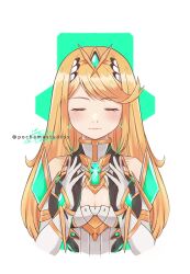 1girl absurdres arms_up artist_name blonde_hair breasts cleavage closed_eyes closed_mouth commentary core_crystal_(xenoblade) highres large_breasts long_hair mythra_(xenoblade) pochamastudios signature solo swept_bangs tiara twitter_username upper_body xenoblade_chronicles_(series) xenoblade_chronicles_2