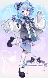 1girl :d absurdres amenouta_tsuyu black_shoes black_shorts blue_background blue_hair blue_leggings blush bow character_name collared_shirt commentary_request double_bun fangs frog full_body hair_bow hair_bun hands_up highres jikuno kotonoha_studio leggings leggings_under_shorts long_sleeves looking_at_viewer multicolored_hair official_art open_mouth purple_background purple_eyes purple_hair shirt shoes short_hair shorts sleeves_past_fingers sleeves_past_wrists smile socks solo standing standing_on_one_leg streaked_hair two-tone_hair virtual_youtuber white_shirt white_socks