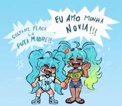 2025 2girls argentinian_miku belly_chain bikini bikini_under_clothes black_shorts blue_hair bracelet brazilian_miku commentary denim denim_shorts dual_persona eyewear_on_head female_pubic_hair flower gradient_hair green_hair hair_flower hair_ornament hatsune_miku highleg highleg_bikini highres jewelry leisen_mellow multicolored_hair multiple_girls open_fly open_mouth piercing portuguese_text pubic_hair pubic_hair_peek shirt short_shorts shorts spanish_text striped_clothes striped_shirt sunglasses swimsuit tongue_piercing translated twintails vocaloid watermark waving yuri