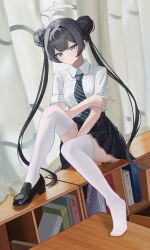 1girl absurdres astelia black_hair black_necktie black_shoes black_skirt blue_archive blush book bookshelf breast_pocket closed_mouth collared_shirt commentary diagonal-striped_clothes diagonal-striped_necktie double_bun film_grain grey_eyes grey_halo hair_bun halo heavy_film_grain highres indoors kisaki_(blue_archive) kisaki_(school_uniform)_(blue_archive) long_hair looking_at_viewer necktie official_alternate_hairstyle pleated_skirt pocket shirt shoes single_shoe sitting skirt solo striped_clothes thighhighs twintails very_long_hair white_shirt white_thighhighs
