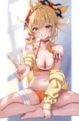 1girl bikini blonde_hair blush breasts butterfly_choker choker cleavage collarbone commentary_request fingernails genshin_impact grin hair_between_eyes highres large_breasts looking_at_viewer nail_polish navel orange_bikini orange_eyes orange_nails orb outstretched_arm red_choker sitting smile solo stomach swimsuit v wanatsu_15 yoimiya_(genshin_impact)