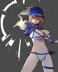 10mo 1girl ahoge artoria_pendragon_(fate) baseball_cap bikini blonde_hair blue_hat blue_jacket breasts cleavage cropped_jacket fate/grand_order fate_(series) green_eyes hair_between_eyes hair_through_headwear hat highres jacket large_breasts long_hair long_sleeves looking_at_viewer mysterious_heroine_x_(fate) mysterious_heroine_xx_(fate) navel open_mouth outstretched_arm ponytail shrug_(clothing) sidelocks solo swimsuit thighs white_bikini wristband