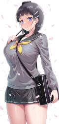 1girl bag between_breasts black_hair black_sailor_collar black_skirt blue_eyes blunt_bangs blush bob_cut breasts cherry_blossoms commentary_request cowboy_shot falling_petals grey_sweater hair_ornament hairclip highres kawase_seiki kirigaya_suguha large_breasts long_sleeves looking_at_viewer miniskirt neckerchief parted_lips petals pleated_skirt sailor_collar school_bag school_uniform short_hair sidelocks skirt smile solo standing strap_between_breasts sweater sword_art_online weapon_bag white_background yellow_neckerchief