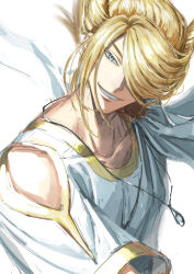 Rule 34 | 1boy, blonde hair, blue eyes, collarbone, elemoncake, floating neckwear, gold trim, hair over one eye, highres, jewelry, looking at viewer, male focus, necklace, nintendo, official alternate costume, official alternate hairstyle, one eye covered, pokemon, pokemon legends: arceus, robe, smile, solo, teeth, upper body, volo (pokemon), white background, white robe