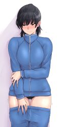 1girl amagami black_eyes black_hair black_jacket black_panties black_pants blush closed_mouth clothes_pull commentary_request gym_uniform highres holding_own_arm jacket long_sleeves looking_down looking_to_the_side panties pants pants_pull pulling_own_clothes sasaki_akira_(ugc) short_hair simple_background solo standing thigh_gap thighs track_jacket track_pants tsukahara_hibiki underwear white_background