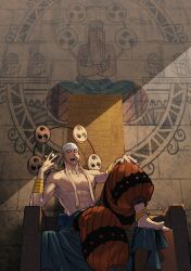 1boy anklet armlet bandana barefoot drum eating enel food food_in_mouth hand_on_own_knee highres holding holding_food instrument jewelry long_earlobes looking_at_viewer male_focus muscular muscular_male one_piece orange_pants pants puffy_pants stone_wall tentaro_en throne tomoe_(symbol) topless_male white_bandana