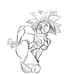 1girl alternate_costume ass ass_cutout breasts clothing_cutout cosplay dragon_ball dragon_ball_super earrings eye_mask funsexydragonball heart_pasties jewelry kefla_(dragon_ball) large_breasts leotard looking_back monochrome muscular muscular_female pasties potara_earrings rainbow_mika revealing_clothes sketch smile spanking_self spiked_hair street_fighter thong_leotard white_background