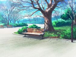Rule 34 | artist request, bare tree, bench, blue sky, bush, cloud, day, game cg, grass, lamppost, magia record: mahou shoujo madoka magica gaiden, mahou shoujo madoka magica, no humans, official art, outdoors, park, path, road, scenery, shade, sky, tree