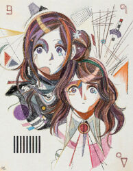 Rule 34 | 2girls, abstract, aged down, artist name, brown hair, chippycore, closed mouth, collar, commentary, dual persona, english commentary, faux traditional media, hair bun, highres, kurashiki akane, kyokugen dasshutsu, kyokugen dasshutsu: 9 jikan 9 nin 9 no tobira, long hair, looking at viewer, multiple girls, portrait, purple eyes, scarf, signature, single hair bun, single side bun, white background