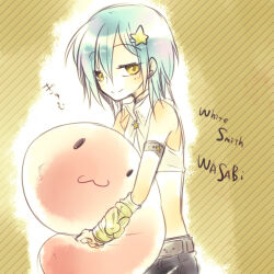 1girl :3 ark_kan bikini bikini_top_only blue_hair brown_background character_name closed_mouth commentary_request flat_chest hair_ornament looking_at_viewer lowres poring ragnarok_online short_hair slime_(creature) smile solo star_(symbol) star_hair_ornament striped_background swimsuit upper_body white_bikini whitesmith_(ragnarok_online) yellow_eyes