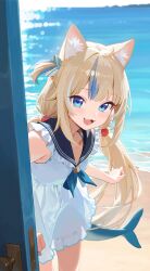 1girl ahoge animal_ear_fluff animal_ears aqua_nails black_sailor_collar blonde_hair blue_bow blue_eyes blue_hair blue_nails blue_neckerchief blue_sailor_collar blurry blurry_background blush bow cat_ears commentary dress fang fins fish_girl fish_tail highres indie_virtual_youtuber looking_at_viewer low_twintails multicolored_hair nail_polish neckerchief ocean omochiarts one_side_up open_door open_mouth sailor_collar sameko_saba sleeveless sleeveless_dress smile solo streaked_hair tail twintails very_long_fingernails virtual_youtuber white_dress white_hair