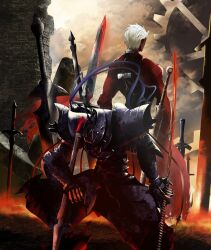 2boys archer_(fate) armor bad_id bad_pixiv_id berserker_(fate/zero) dark-skinned_male dark_skin excalibur_(fate/stay_night) fate/stay_night fate/zero fate_(series) full_armor gears helmet highres holding holding_sword holding_weapon kawabata_yoshihiro male_focus multiple_boys planted planted_sword planted_weapon polearm reverse_grip spear squatting stone_wall sword unlimited_blade_works_(reality_marble) weapon white_hair