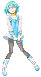 00s 1girl aqua_hair bad_id bad_pixiv_id black_pantyhose blue_hair blush boots choker collar eureka_(eureka_seven) eureka_seven eureka_seven:_pocket_ga_niji_de_ippai eureka_seven_(series) female_focus highres kitayama leggings pantyhose pink_eyes short_hair solo thigh_strap white_boots