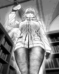 Rule 34 | 1girl, aotsuki eito, black gloves, book, bookshelf, breasts, drawstring, female focus, genderswap, genderswap (mtf), glasses, gloves, greyscale, highres, holding, holding book, jacket, large breasts, library, looking at viewer, looking down, monochrome, solo, solo focus, the hundred line -last defense academy-, white jacket