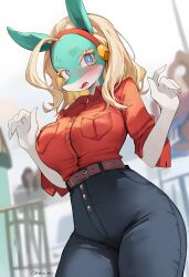 1girl animal_ears aqua_skin belt blonde_hair blue_eyes blue_pants blush blush_stickers boku_no_hero_academia bracelet breasts brown_belt collared_shirt colored_skin cowboy_shot curvy denim female_focus furry furry_female high-waist_pants highres ippan_josei jewelry large_breasts long_hair multicolored_skin open_mouth pants red_shirt shirt shirt_tucked_in thick_thighs thighs two-tone_skin wide_hips