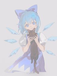 1girl absurdres animal black_cat blue_bow blue_dress blue_eyes blue_hair bow cat cirno closed_mouth commentary detached_wings dress grey_background hair_bow highres holding holding_animal holding_cat ice ice_wings li_meng_shan looking_at_viewer pinafore_dress puffy_short_sleeves puffy_sleeves shirt short_sleeves simple_background sleeveless sleeveless_dress smile solo touhou white_shirt wings