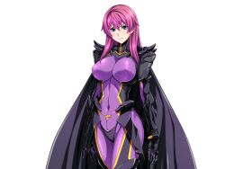 &gt;:( 1girl aqua_eyes armor black_cape blue_eyes bodysuit breasts cape covered_erect_nipples covered_navel cowboy_shot dark_reica frown game_cg gauntlets gentle_sasaki large_breasts large_variant_set long_hair looking_at_viewer non-web_source official_art pink_hair purple_bodysuit purple_hair shindou_hatsune skin_tight solo soukou_senki_prism_reica standing transparent_background v-shaped_eyebrows variant_set