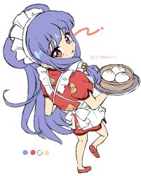 1girl apron artist_name bamboo_steamer bell double_bun dumpling food hair_bell hair_bun hair_ornament highres long_hair looking_at_viewer looking_back maid_apron maid_headdress purple_hair ramudia_(lamyun) ranma_1/2 red_eyes shampoo_(ranma_1/2) sidelocks simple_background white_apron white_background