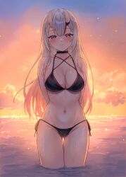 Rule 34 | 1girl, alternate costume, bikini, black bikini, black choker, breasts, center-flap bangs, choker, cleavage, closed mouth, cloud, commentary request, criss-cross straps, gluteal fold, gradient hair, grey hair, hair between horns, highres, hololive, horns, leeshin0919, long hair, looking at viewer, multi-strapped bikini top, multicolored hair, nakiri ayame, navel, ocean, oni, outdoors, red eyes, red hair, side-tie bikini bottom, skin-covered horns, smile, solo, standing, straight-on, string bikini, sunset, swimsuit, thigh gap, virtual youtuber, wading, wet