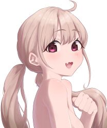 1girl ahoge baksangmin blonde_hair breasts clenched_hand fang from_side hair_lift hand_up light_blush long_hair looking_at_viewer looking_to_the_side low_twintails medium_breasts nude open_mouth original red_eyes simple_background skin_fang smile solo twintails upper_body white_background