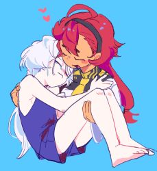 2girls asticassia_school_uniform barefoot black_hairband blue_background blue_camisole blue_shorts camisole carrying closed_eyes closed_mouth commentary_request dark-skinned_female dark_skin emoji_mojimoji gundam gundam_suisei_no_majo hairband hand_on_another&#039;s_shoulder heart jacket korean_commentary long_hair miorine_rembran multiple_girls open_mouth ponytail princess_carry red_hair school_uniform shorts simple_background suletta_mercury tears white_hair white_jacket yuri