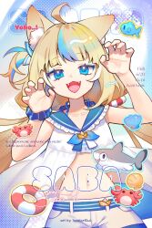 1girl :3 animal_ears blonde_hair blue_eyes blue_hair cat_ears character_name claw_pose fangs fish flat_chest highres indie_virtual_youtuber long_hair low_twintails multicolored_hair navel open_mouth sailor_collar sameko_saba short_shorts shorts solo streaked_hair toasterkiwi twintails two-tone_hair two_side_up white_shorts